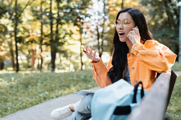 Stupito asiatico studente parlando su cellulare su panchina vicino sfocato zaino — Foto stock