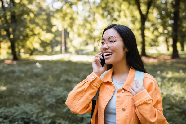 Felice studente asiatico in occhiali e giacca arancione parlando sul cellulare nel parco — Foto stock