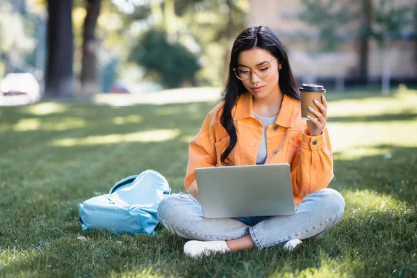 Азіатська жінка сидить на траві з кавою, щоб піти і використовувати ноутбук — стокове фото