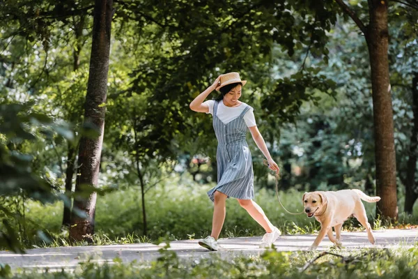 Giovane donna asiatica in prendisole e cappello di paglia in esecuzione con cane nel parco — Foto stock