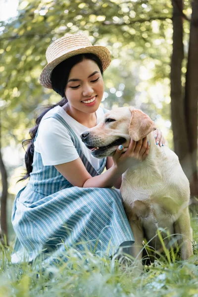 Pleased asian woman in straw hat stroking labrador outdoors — Stock Photo