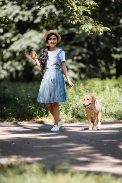 Allegra donna asiatica con bevanda da asporto a piedi con cane nel parco — Foto stock