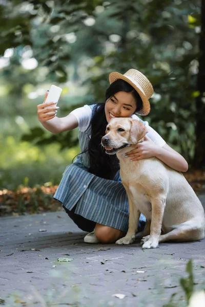 Alegre asiático mujer tomando foto en smartphone con labrador en parque - foto de stock