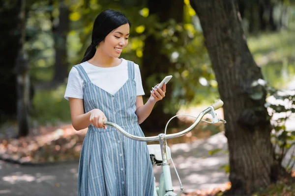 Satisfeito asiático mulher com bicicleta mensagens no smartphone no parque — Fotografia de Stock