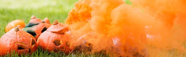 Fumée orange près de citrouilles sculptées sur pelouse verte, bannière — Photo de stock