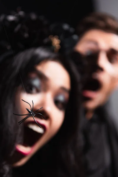 Vista da vicino del ragno giocattolo vicino alla coppia interrazziale offuscata che urla dalla paura — Foto stock