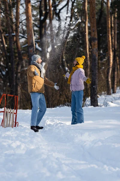 Vista lateral do casal animado em chapéus jogando neve perto de trenó no parque — Fotografia de Stock