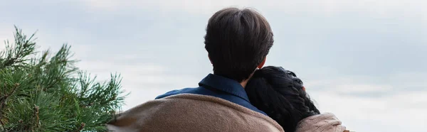 Visão traseira do casal em cobertor de pé perto do ramo de abeto ao ar livre, banner — Fotografia de Stock