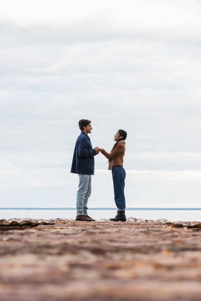 Vista laterale della coppia interrazziale sorridente che si tiene per mano sul molo vicino al mare — Foto stock