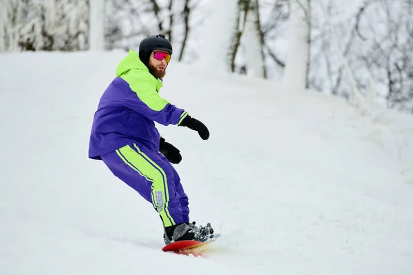 Un abile appassionato di snowboard scava la neve fresca su un pendio invernale. — Foto stock