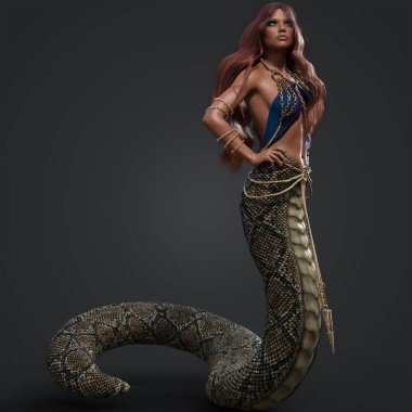 Yeşil Pullu, Yılan Kuyruklu, Uzun Kahverengi Saçlı, Mor Fantezi Elbiseli ve Altın Zincirli Güzel Bronz Kadın 'ın Üç Boyutlu Resmedilmesi