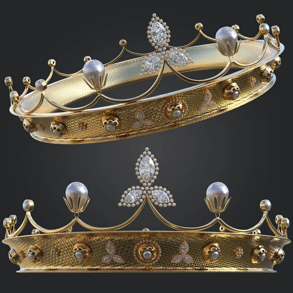 Illustrazione Rendering Golden Timbrato Metallo Corone Tiaras Con Splendidi Diamanti — Foto Stock