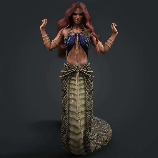 3D Rendering Illustration of Beautiful Tan Woman with Green Scales and Snake Tail and Long Brown Hair wearing Purple Fantasy Clothing and Gold Chains Isolated on Dark Background