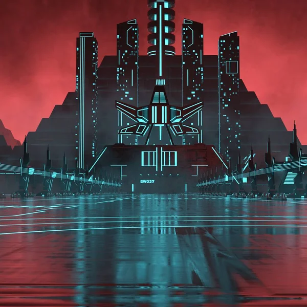 Rendering Illustration Cyber Punk Futuristic Sci Neon City Red Sky — Stock Photo, Image