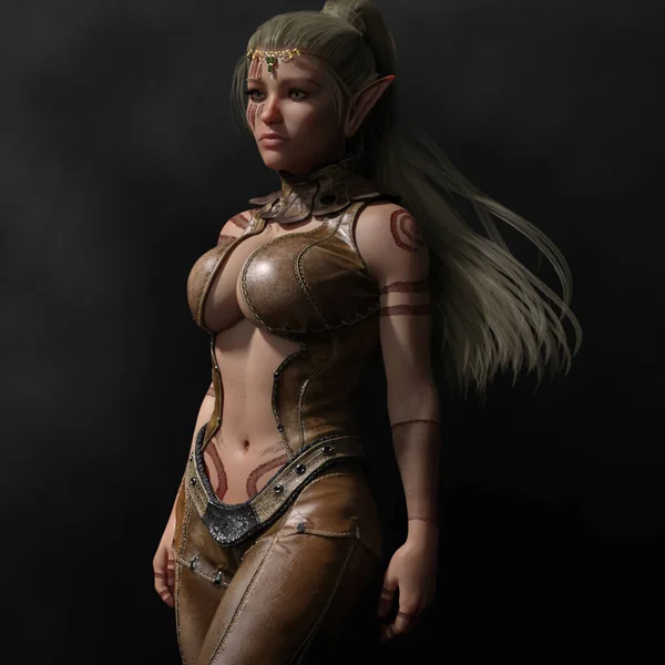 Deri Zırhlı Güzel Seksi Fantezi Kadın 'ın 3 boyutlu tasviri Viking savaş boyası ve koyu arkaplana karşı izole edilmiş uzun sarı dekolteli saçlar.