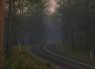 3 Boyutlu Resimlendirme Kır Yolu 'ndaki Foggy Morning Yolu Yoğun Ağaçlar ve Yoğun Çimen ve Pembe Gökyüzü