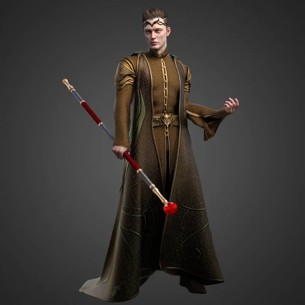 Rendering Illustration Handsome Sexy Fantasy Wizard Mage Warlock Com Golden — Fotografia de Stock