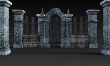 Karanlık Arkaplanda Metal Süslemeli ve Taş Duvarlı Büyük Gotik Fantezi Kapıları ve Archways 'in 3 boyutlu Resmedilmesi