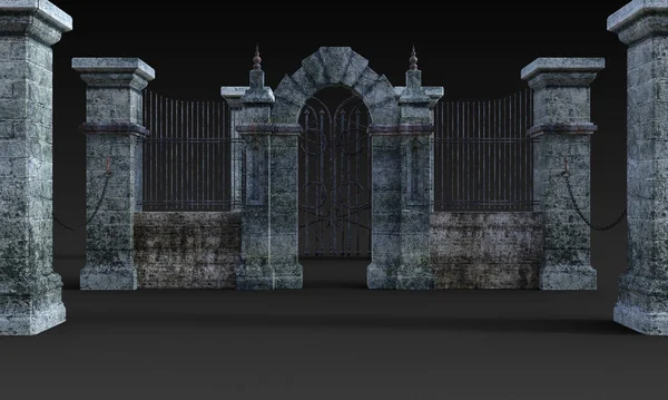 3D Rendering Illustration of Large Gothic Fantasy Gates and Archways with Metal Ornate Fences and Stone Walls Isolated on Dark Background