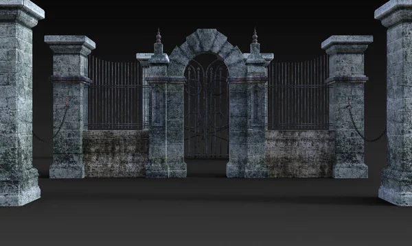 Karanlık Arkaplanda Metal Süslemeli ve Taş Duvarlı Büyük Gotik Fantezi Kapıları ve Archways 'in 3 boyutlu Resmedilmesi