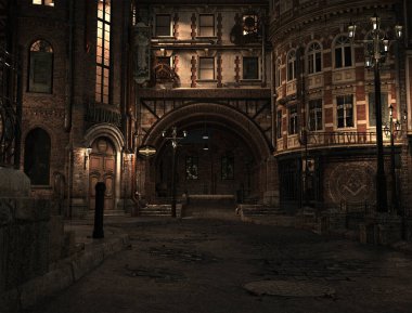 Steampunk Viktorya Dönemi 'nin 3 boyutlu tasviri. Parke Zemin ve Taş Binalar Vintage Retro ile.