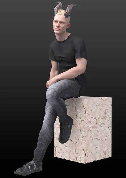 3Dレンダリングイラストレーションのハンサムなセクシーな都市ファンタジー男とともに悪魔角は暗い背景に隔離された大理石のブロックにポーズ — ストック写真