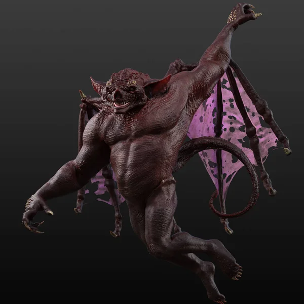 Kırmızı ve Pembe Et Taşı Gargoyle Fantezi Yaratık Pozisyonu Savunma Saldırganlığı Duruşu Karanlık Arkaplanda İzole Edildi