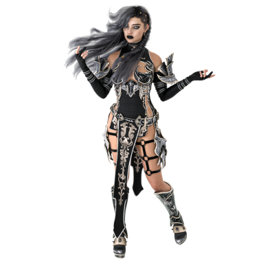 3 Boyutlu Kara Fantezi Büyücü Kadın. Uzun siyah saçlı, siyah ve çelik zırhlı.