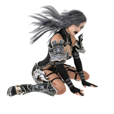 3 Boyutlu Kara Fantezi Büyücü Kadın. Uzun siyah saçlı, siyah ve çelik zırhlı.