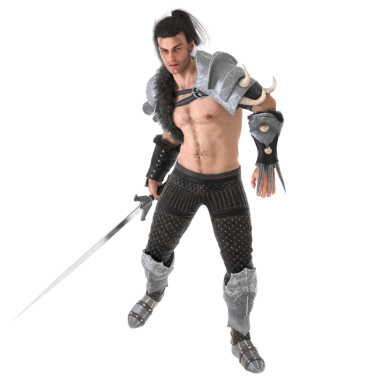 Ortaçağ fantezi zırhı giymiş 3 boyutlu çekici üstsüz erkek savaşçı.