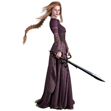 3 Boyutlu Güzel Fantezi Ortaçağ Bakire Kadını Mor Elbiseli Prenses ve Uzun Kızıl Saçlı Kılıç Tutan Kadın