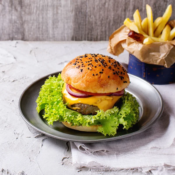 Hamburguesa casera con papas fritas — Foto de Stock