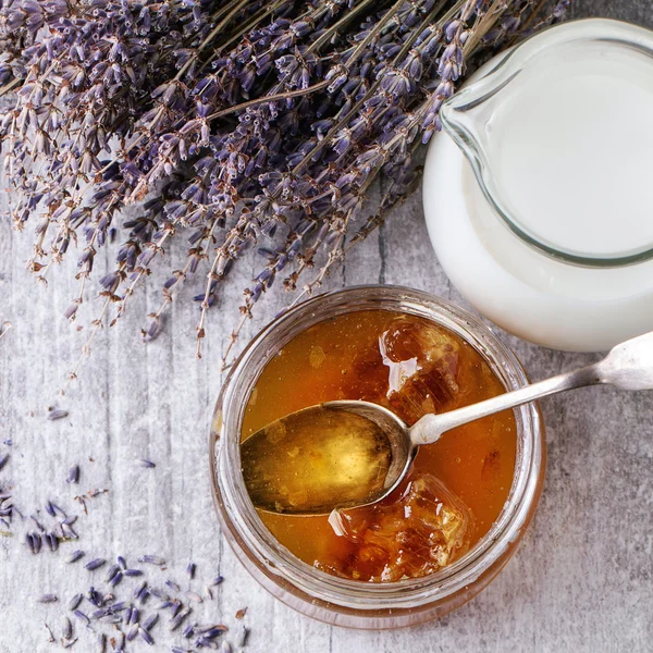 Honey, milk and lavender — Stock Photo, Image