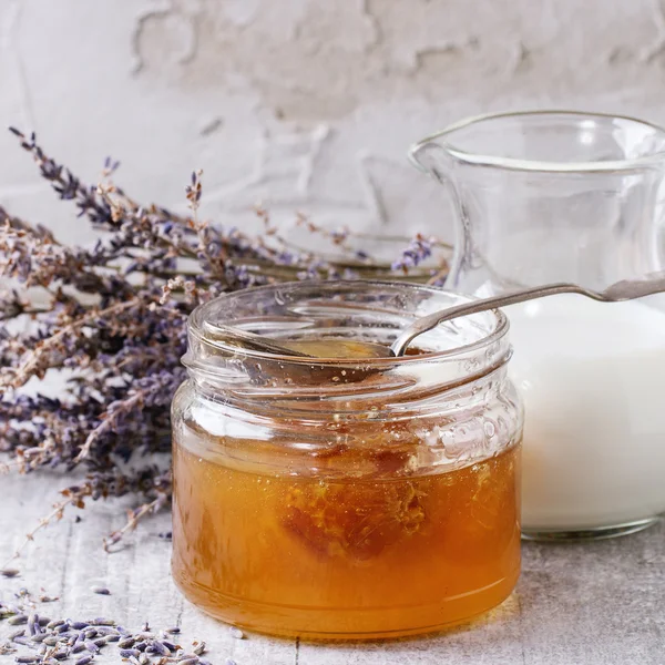 Honey, milk and lavender — Stock Photo, Image