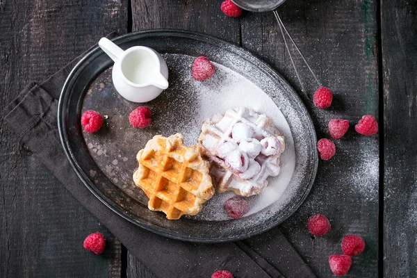 Belgian waffles with raspberries — Stock Photo, Image