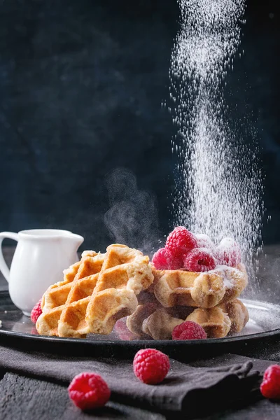 Belgische Waffeln mit Himbeeren — Stockfoto