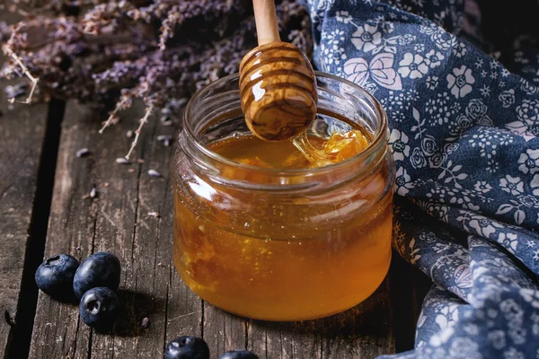 Honey, blueberries and lavender — Stock Photo, Image
