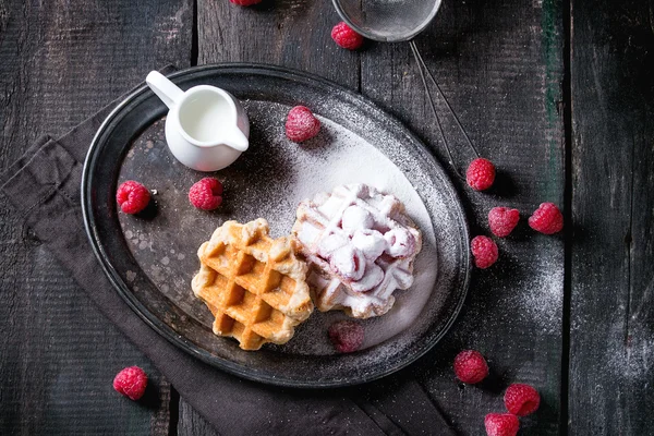 Belgian waffles with raspberries — Stock Photo, Image