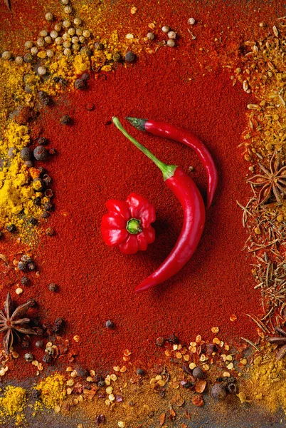 Fundo picante com pimentas — Fotografia de Stock