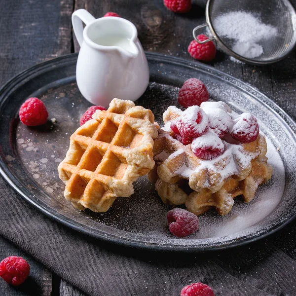 Belgian waffles with raspberries — Stock Photo, Image