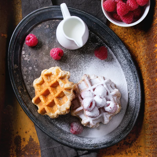 Belgian waffles with raspberries — Stock Photo, Image