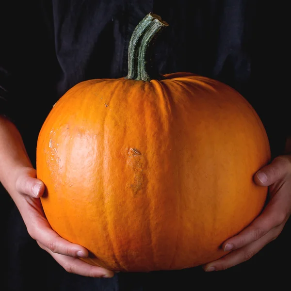 Grote pompoen in kind handen — Stockfoto