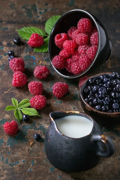 Cuencos de frambuesas y arándanos — Foto de Stock