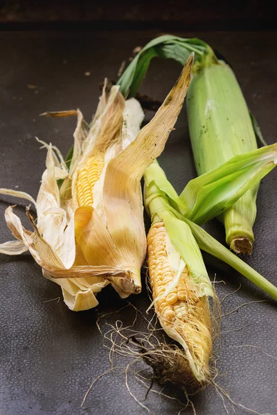 Mazorcas de maíz con hojas — Foto de Stock