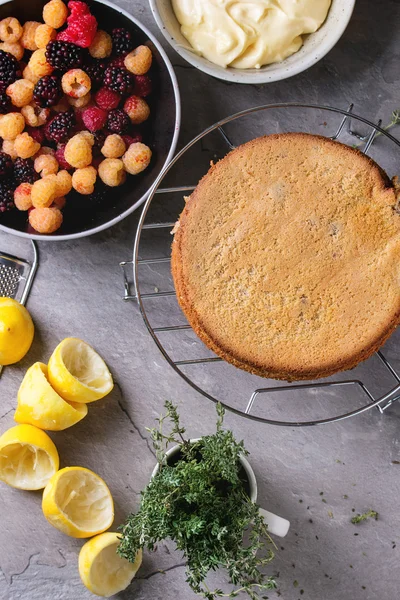 Limonlu kek ile renkli ahududu — Stok fotoğraf