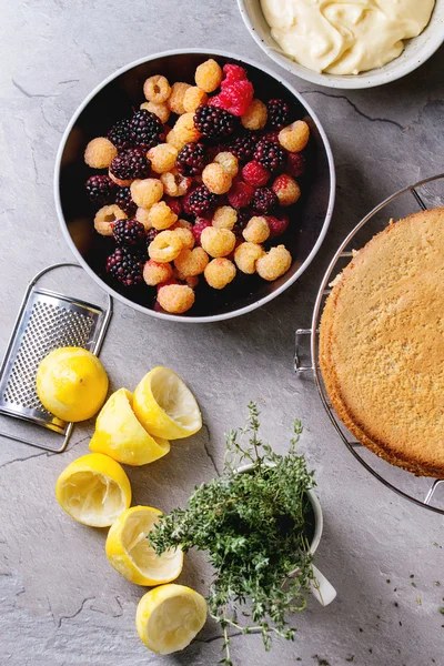 Limonlu kek ile renkli ahududu — Stok fotoğraf