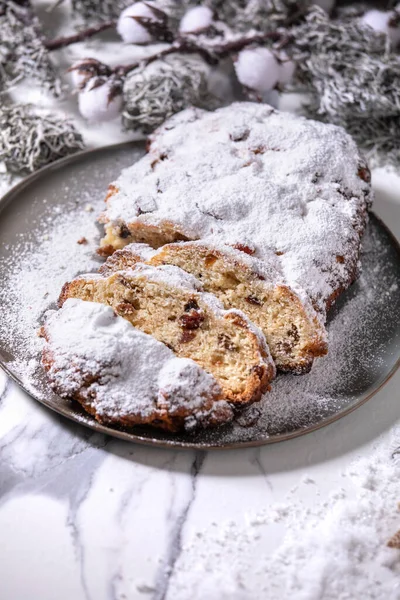 Tradicional Caseiro Alemão Natal Cozimento Stollen Bolo Pão Placa Com — Fotografia de Stock