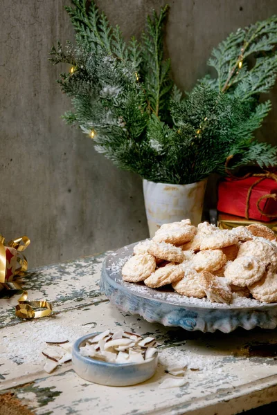 Homemade Christmas Coconut Gluten Free Cookies Coconut Flakes Ceramic Plate — Stock Photo, Image