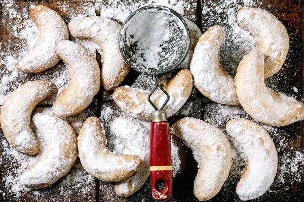 Biscuits Traditionnels Noël Croûte Courte Croissants Vanille Avec Sucre Glace — Photo