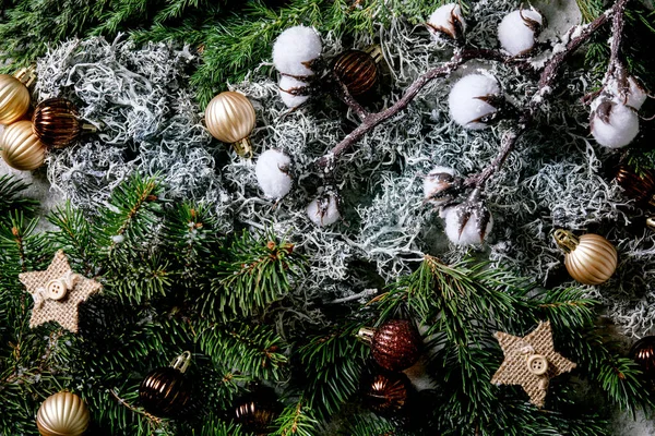 Navidad Año Nuevo Tarjeta Felicitación Fondo Con Ramas Abeto Musgo — Foto de Stock